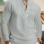 Waffle Knit Henley Shirt Men's Long Sleeve Beige Chest Pocket – Casual, Office, Everyday Wear