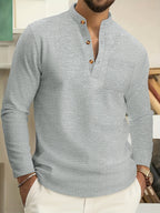 Waffle Knit Henley Shirt Men's Long Sleeve Beige Chest Pocket – Casual, Office, Everyday Wear