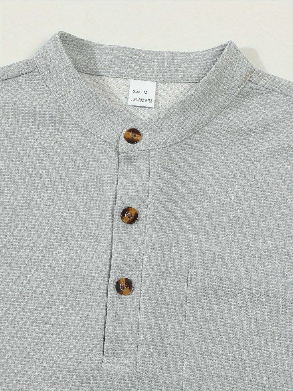 Waffle Knit Henley Shirt Men's Long Sleeve Beige Chest Pocket – Casual, Office, Everyday Wear