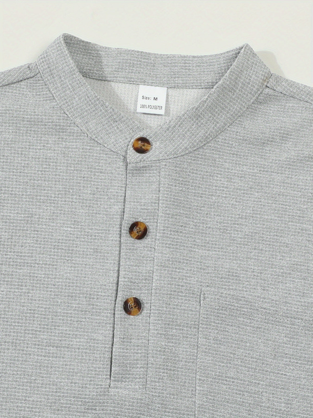 Waffle Knit Henley Shirt Men's Long Sleeve Beige Chest Pocket – Casual, Office, Everyday Wear