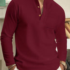 Waffle Knit Henley Shirt Men's Long Sleeve Beige Chest Pocket – Casual, Office, Everyday Wear