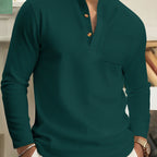 Waffle Knit Henley Shirt Men's Long Sleeve Beige Chest Pocket – Casual, Office, Everyday Wear