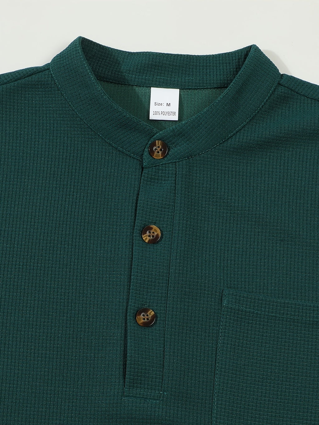 Waffle Knit Henley Shirt Men's Long Sleeve Beige Chest Pocket – Casual, Office, Everyday Wear