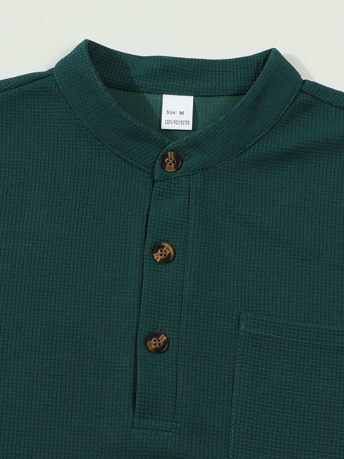 Waffle Knit Henley Shirt Men's Long Sleeve Beige Chest Pocket – Casual, Office, Everyday Wear
