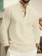 Waffle Knit Henley Shirt Men's Long Sleeve Beige Chest Pocket – Casual, Office, Everyday Wear