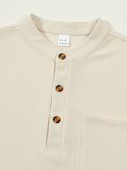 Waffle Knit Henley Shirt Men's Long Sleeve Beige Chest Pocket – Casual, Office, Everyday Wear