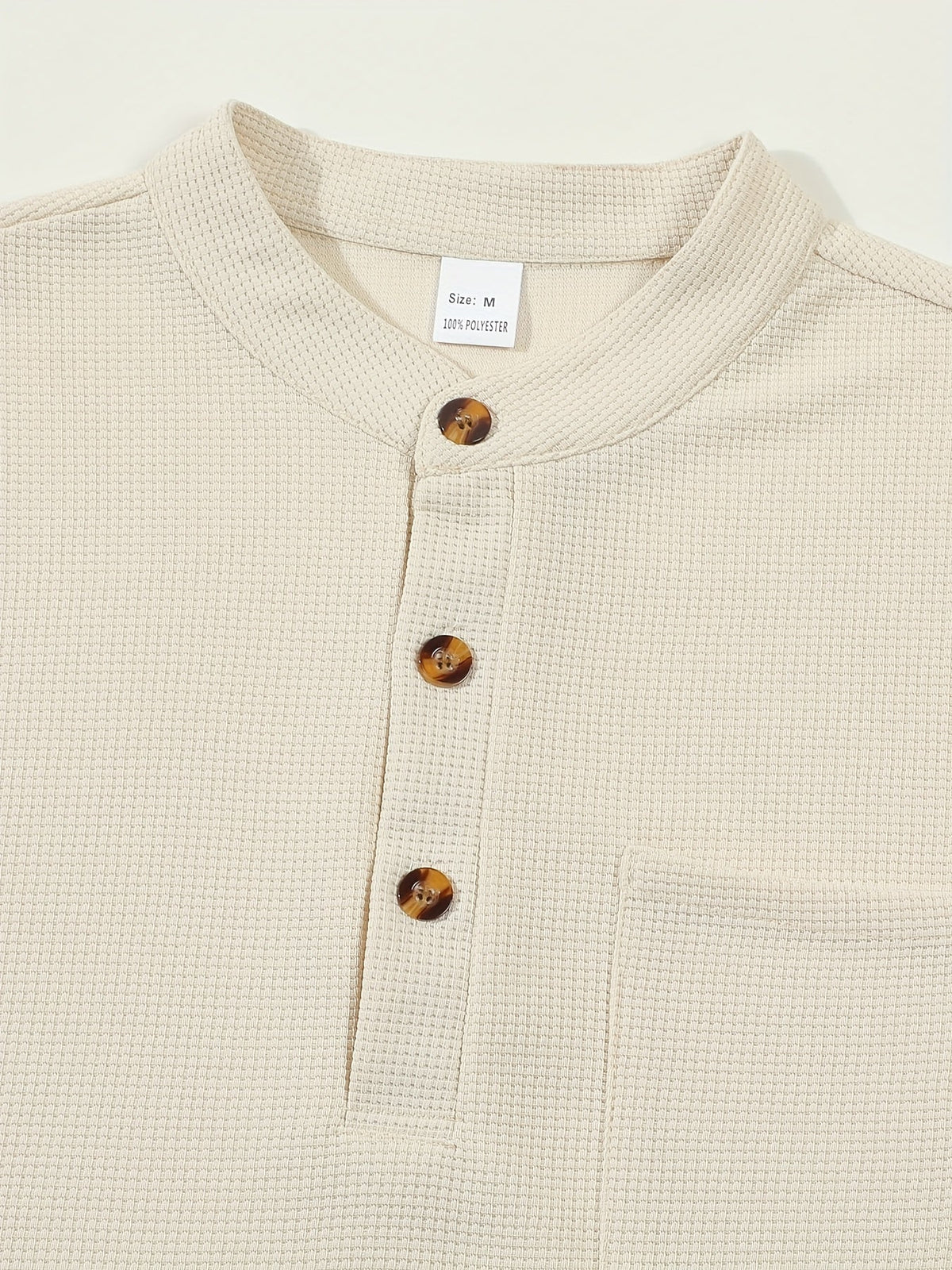 Waffle Knit Henley Shirt Men's Long Sleeve Beige Chest Pocket – Casual, Office, Everyday Wear