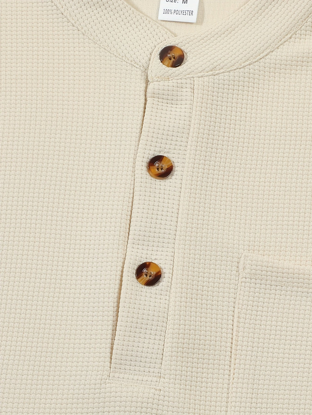 Waffle Knit Henley Shirt Men's Long Sleeve Beige Chest Pocket – Casual, Office, Everyday Wear