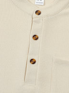 Waffle Knit Henley Shirt Men's Long Sleeve Beige Chest Pocket – Casual, Office, Everyday Wear