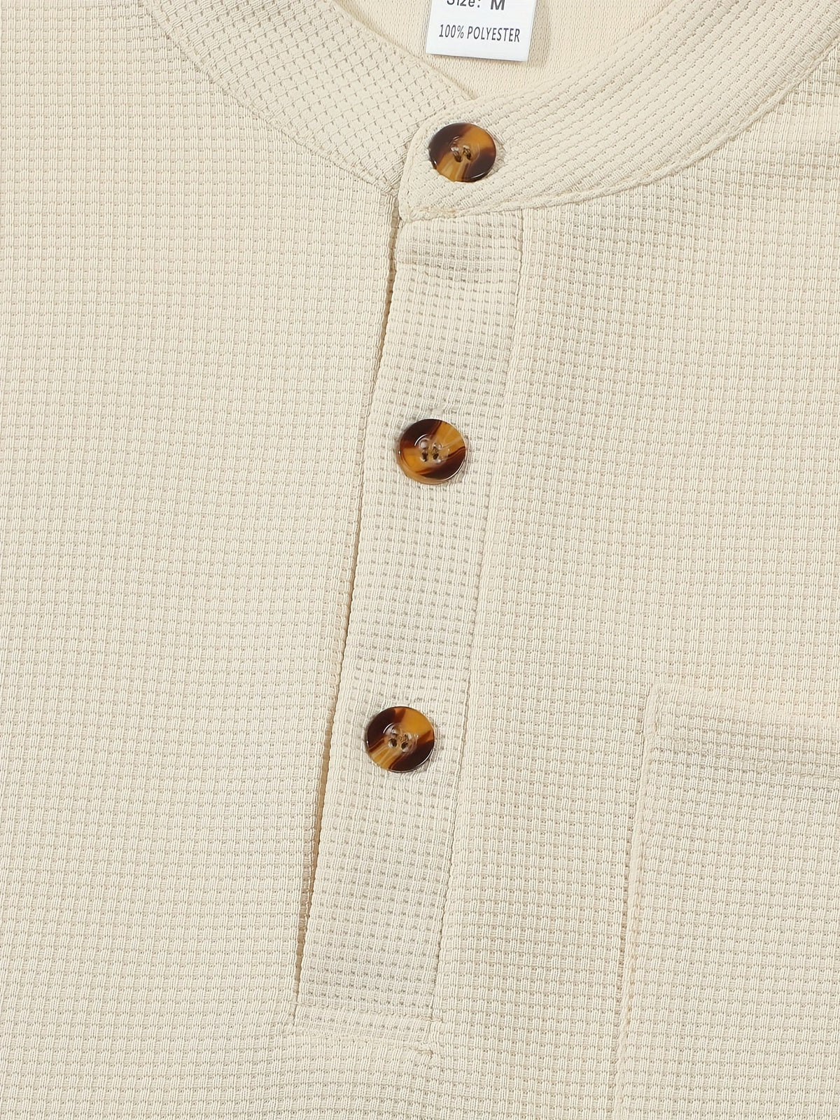Waffle Knit Henley Shirt Men's Long Sleeve Beige Chest Pocket – Casual, Office, Everyday Wear