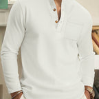 Waffle Knit Henley Shirt Men's Long Sleeve Beige Chest Pocket – Casual, Office, Everyday Wear