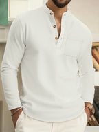 Waffle Knit Henley Shirt Men's Long Sleeve Beige Chest Pocket – Casual, Office, Everyday Wear