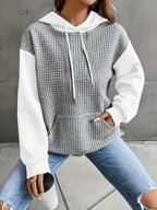 Waffle-Knit Hoodie Grey White Colour Block Women's Drawstring Pullover with Pocket – Casual, Everyday