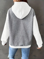 Waffle-Knit Hoodie Grey White Colour Block Women's Drawstring Pullover with Pocket – Casual, Everyday