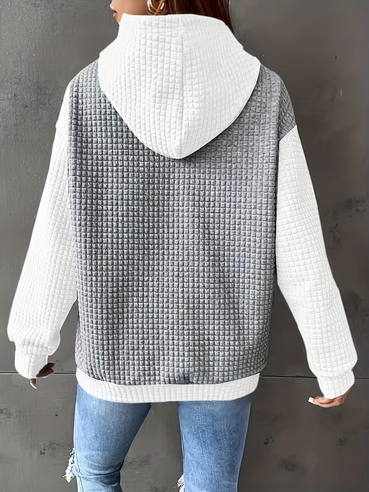 Waffle-Knit Hoodie Grey White Colour Block Women's Drawstring Pullover with Pocket – Casual, Everyday