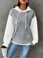 Waffle-Knit Hoodie Grey White Colour Block Women's Drawstring Pullover with Pocket – Casual, Everyday