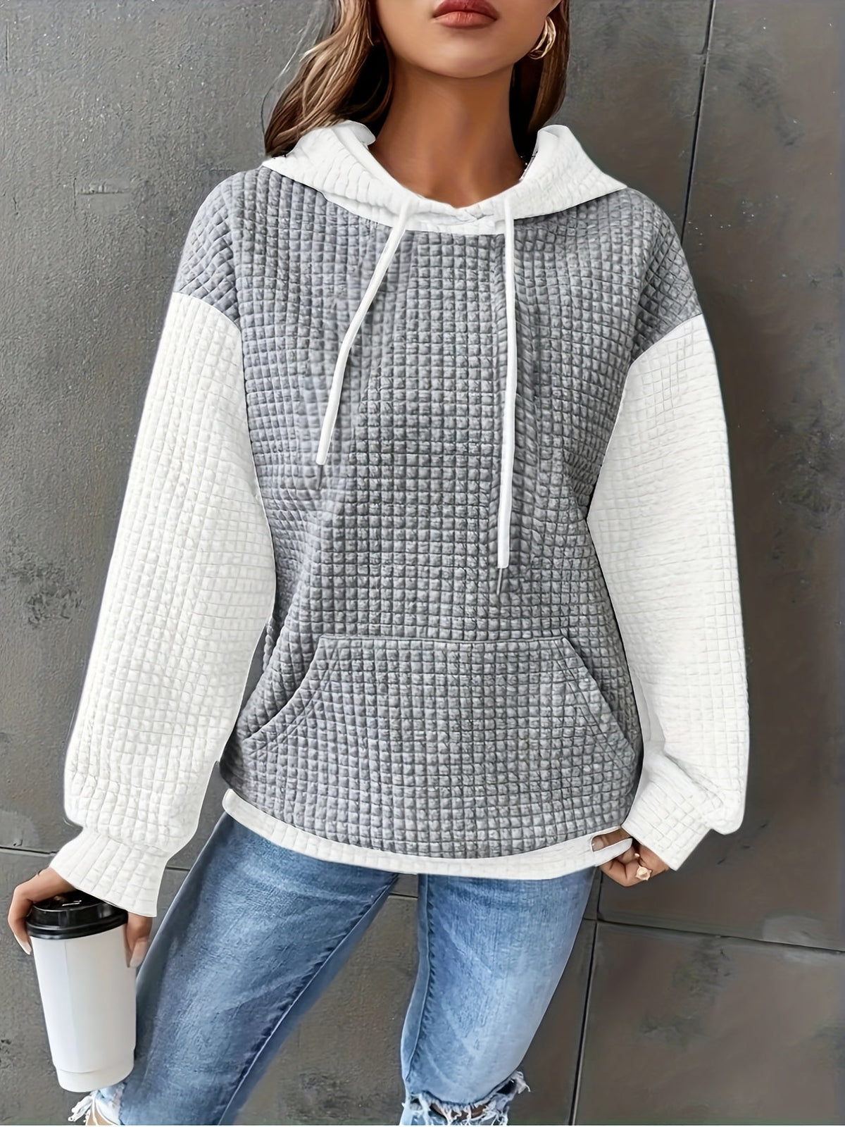 Waffle-Knit Hoodie Grey White Colour Block Women's Drawstring Pullover with Pocket – Casual, Everyday