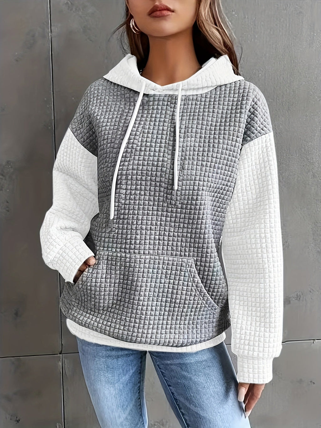 Waffle-Knit Hoodie Grey White Colour Block Women's Drawstring Pullover with Pocket – Casual, Everyday