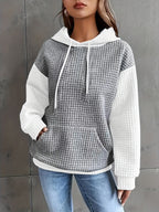 Waffle-Knit Hoodie Grey White Colour Block Women's Drawstring Pullover with Pocket – Casual, Everyday