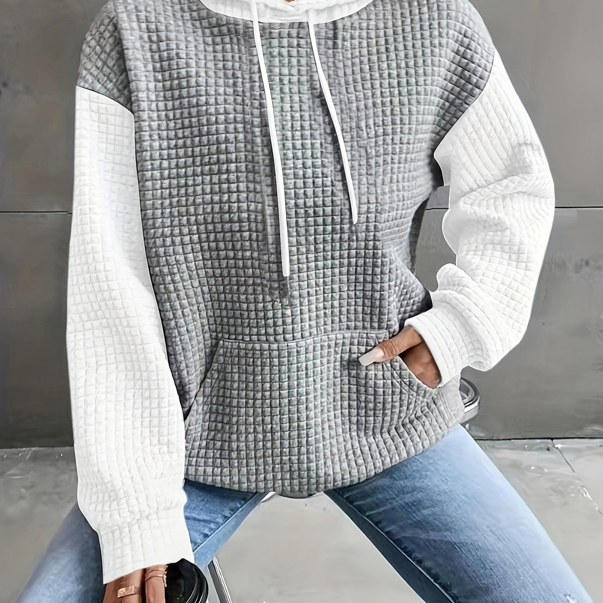 Waffle-Knit Hoodie Grey White Colour Block Women's Drawstring Pullover with Pocket – Casual, Everyday