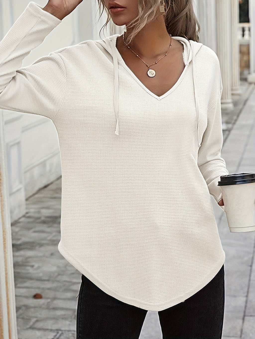 Waffle Knit Hoodie V-Neck Long Sleeve Women's Drawstring Pullover Top – Casual, Everyday