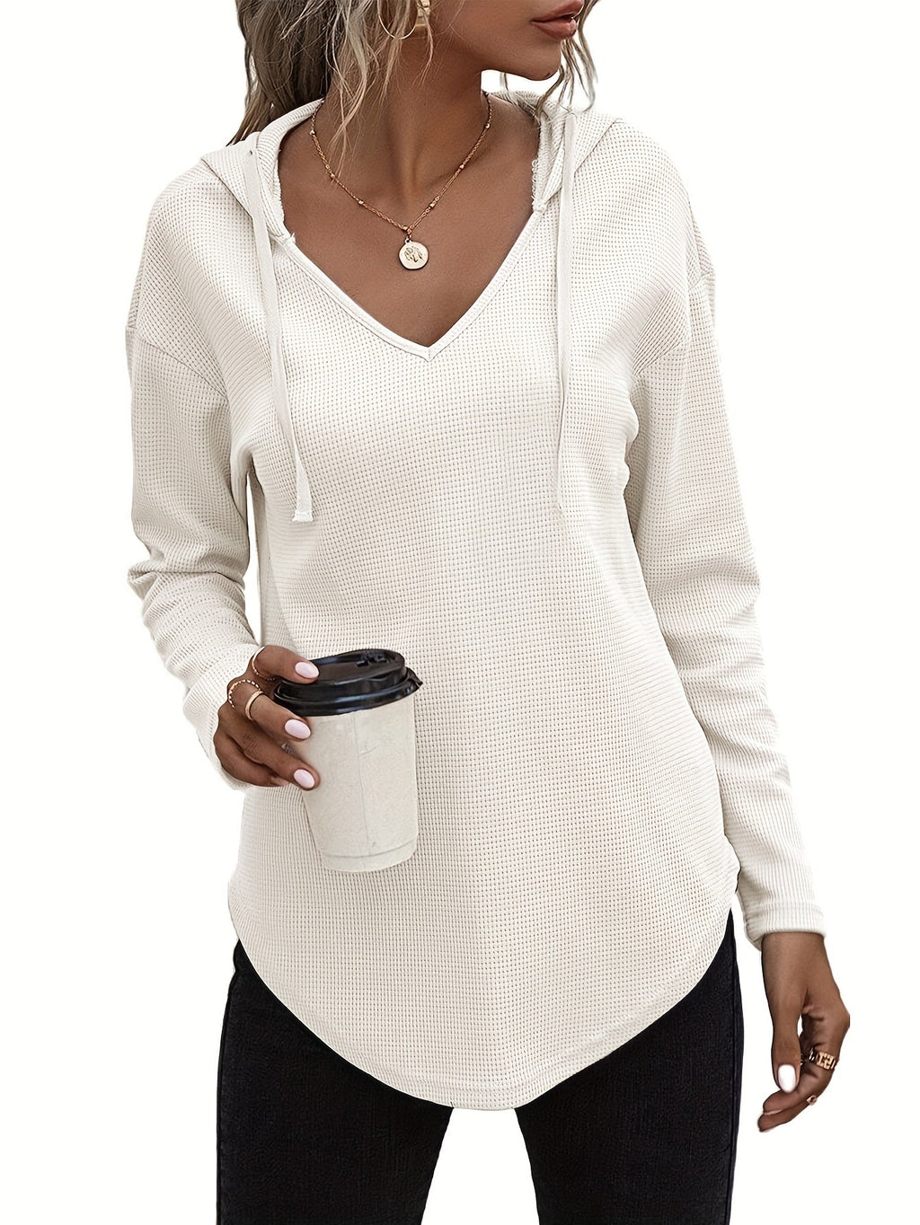 Waffle Knit Hoodie V-Neck Long Sleeve Women's Drawstring Pullover Top – Casual, Everyday