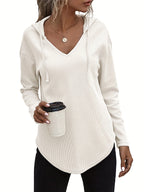 Waffle Knit Hoodie V-Neck Long Sleeve Women's Drawstring Pullover Top – Casual, Everyday