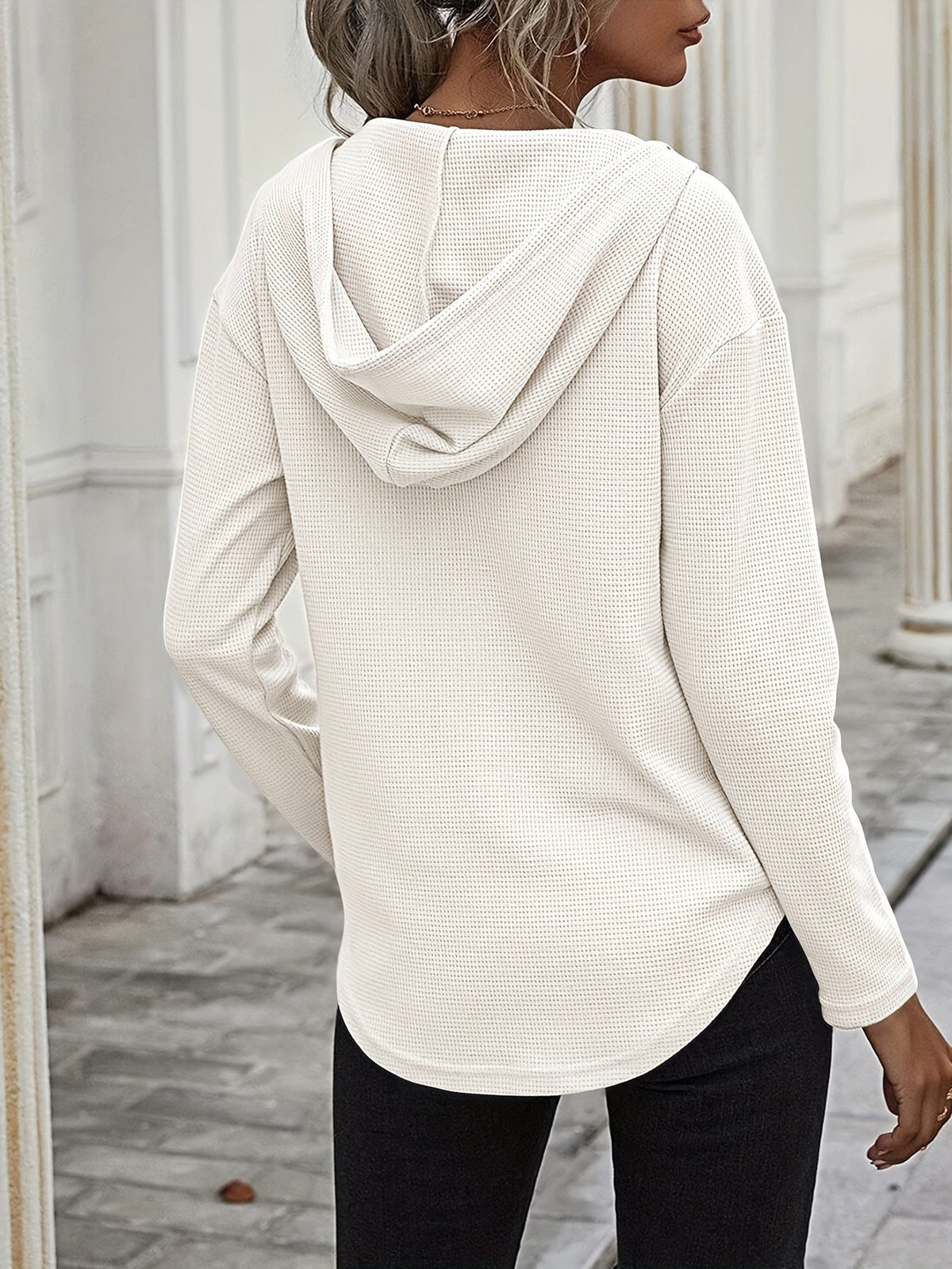 Waffle Knit Hoodie V-Neck Long Sleeve Women's Drawstring Pullover Top – Casual, Everyday
