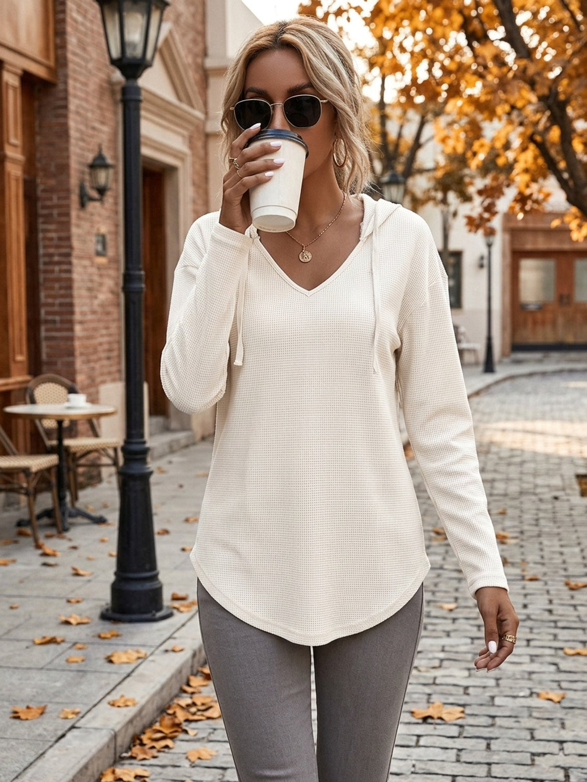 Waffle Knit Hoodie V-Neck Long Sleeve Women's Drawstring Pullover Top – Casual, Everyday