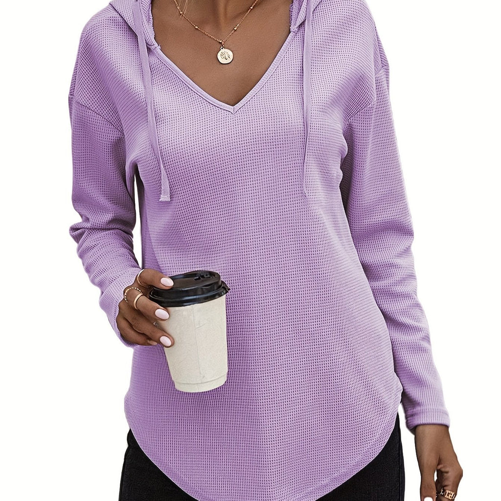 Waffle Knit Hoodie V-Neck Long Sleeve Women's Drawstring Pullover Top – Casual, Everyday