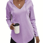 Waffle Knit Hoodie V-Neck Long Sleeve Women's Drawstring Pullover Top – Casual, Everyday