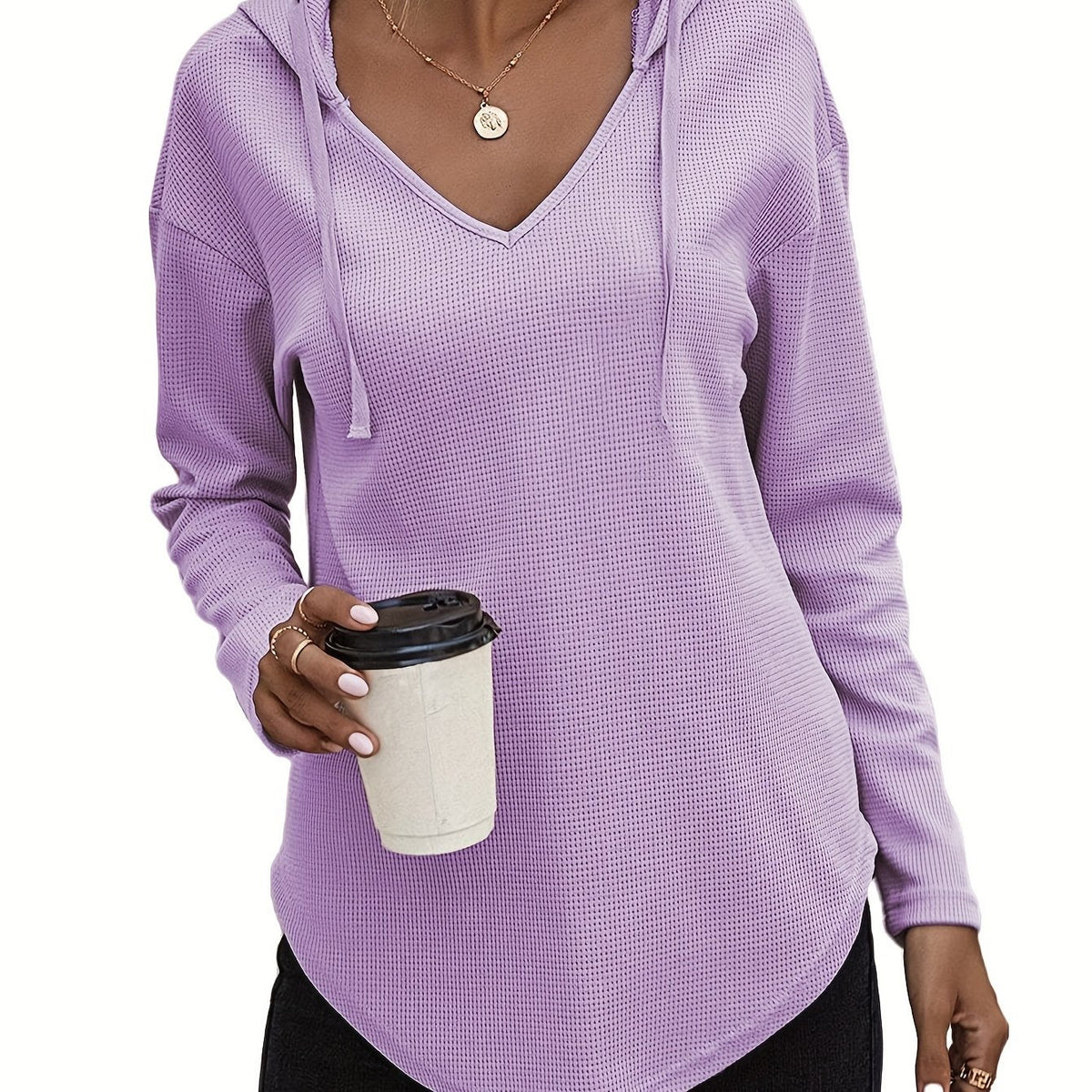 Waffle Knit Hoodie V-Neck Long Sleeve Women's Drawstring Pullover Top – Casual, Everyday