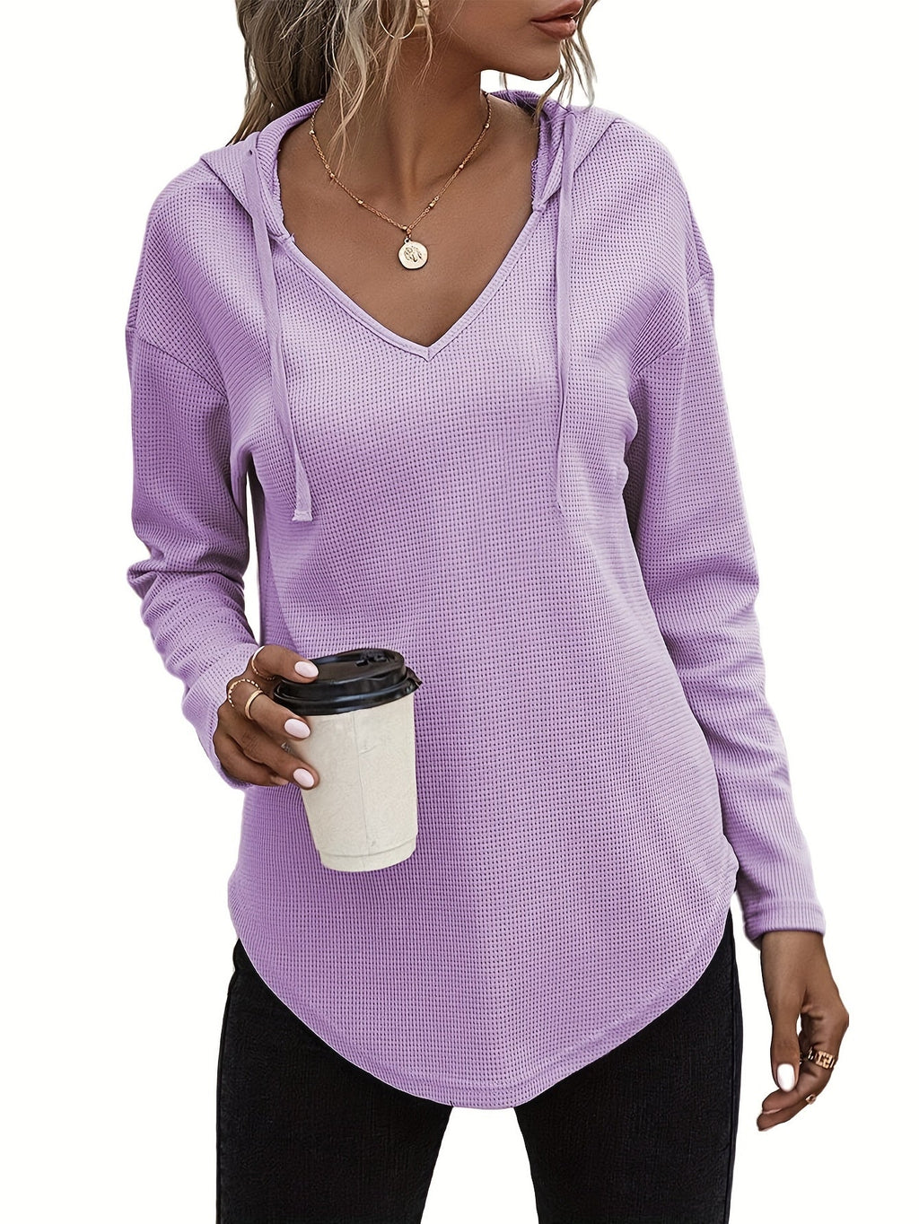 Waffle Knit Hoodie V-Neck Long Sleeve Women's Drawstring Pullover Top – Casual, Everyday
