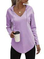 Waffle Knit Hoodie V-Neck Long Sleeve Women's Drawstring Pullover Top – Casual, Everyday