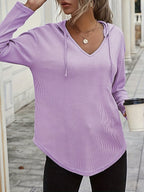Waffle Knit Hoodie V-Neck Long Sleeve Women's Drawstring Pullover Top – Casual, Everyday