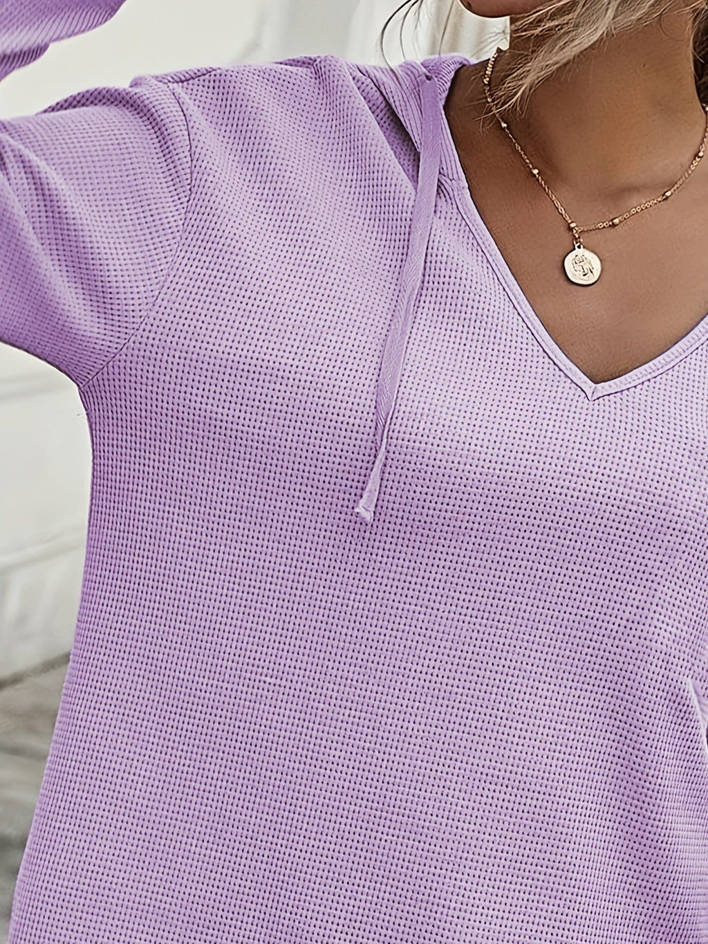 Waffle Knit Hoodie V-Neck Long Sleeve Women's Drawstring Pullover Top – Casual, Everyday
