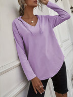 Waffle Knit Hoodie V-Neck Long Sleeve Women's Drawstring Pullover Top – Casual, Everyday