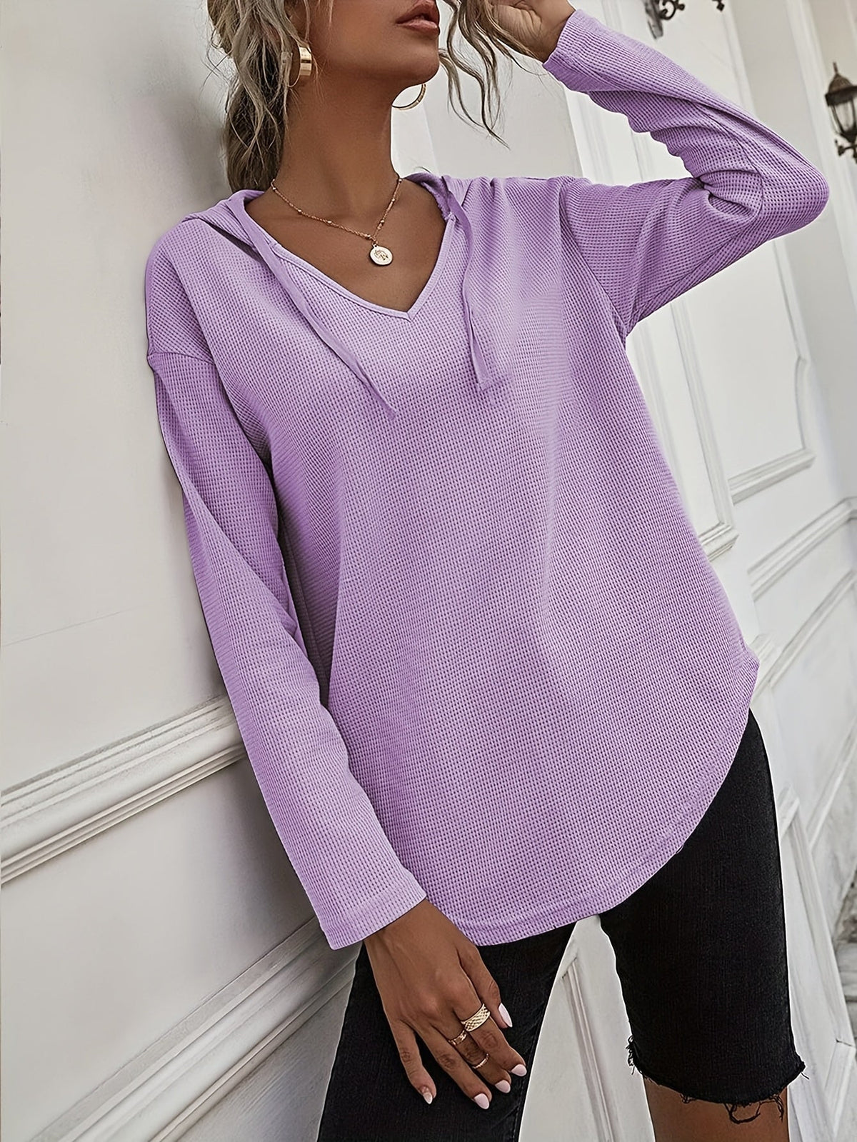 Waffle Knit Hoodie V-Neck Long Sleeve Women's Drawstring Pullover Top – Casual, Everyday