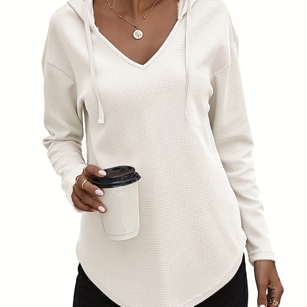 Waffle Knit Hoodie V-Neck Long Sleeve Women's Drawstring Pullover Top – Casual, Everyday