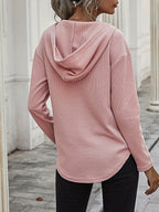 Waffle Knit Hoodie V-Neck Long Sleeve Women's Drawstring Pullover Top – Casual, Everyday