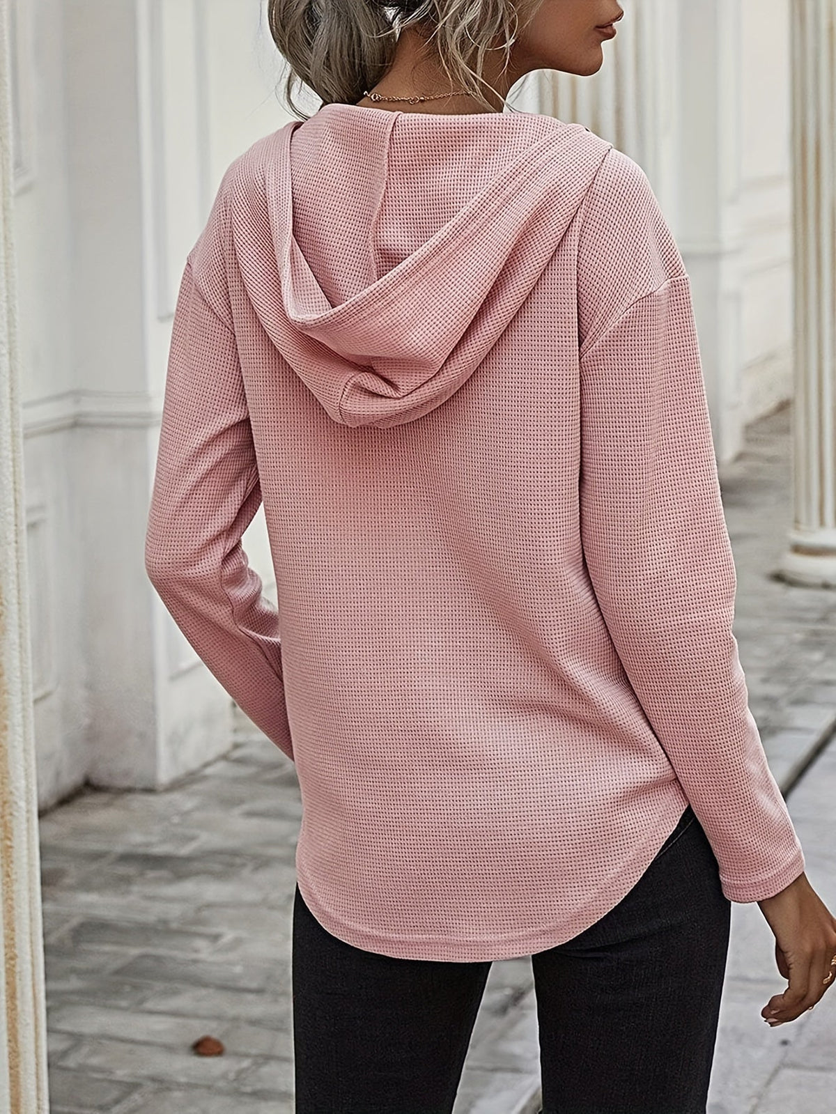 Waffle Knit Hoodie V-Neck Long Sleeve Women's Drawstring Pullover Top – Casual, Everyday