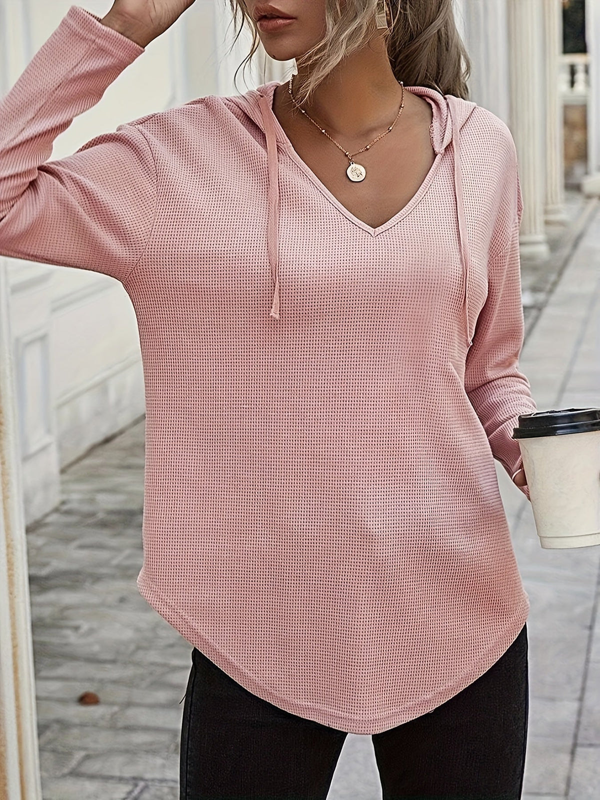 Waffle Knit Hoodie V-Neck Long Sleeve Women's Drawstring Pullover Top – Casual, Everyday
