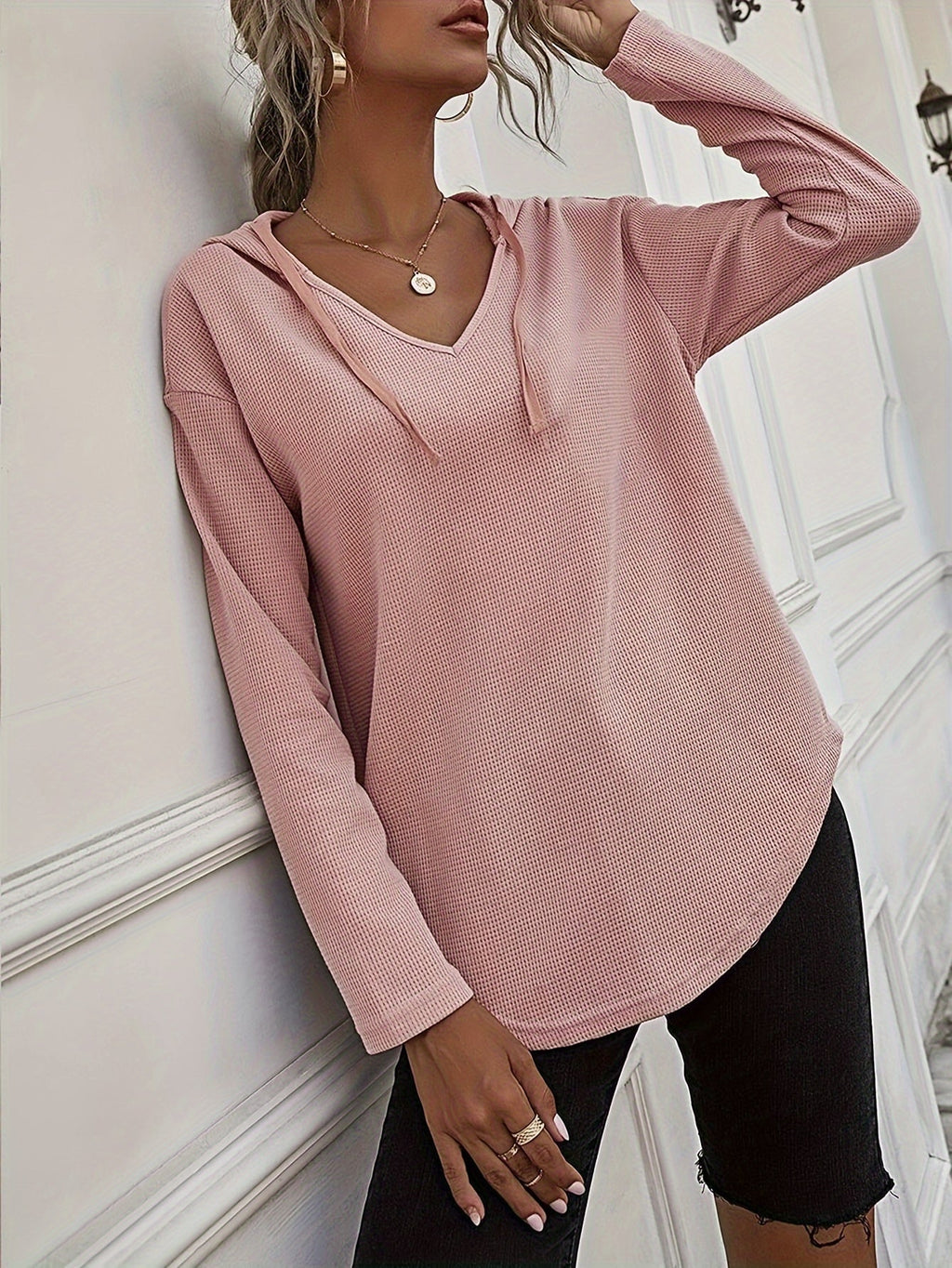 Waffle Knit Hoodie V-Neck Long Sleeve Women's Drawstring Pullover Top – Casual, Everyday