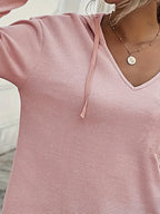 Waffle Knit Hoodie V-Neck Long Sleeve Women's Drawstring Pullover Top – Casual, Everyday