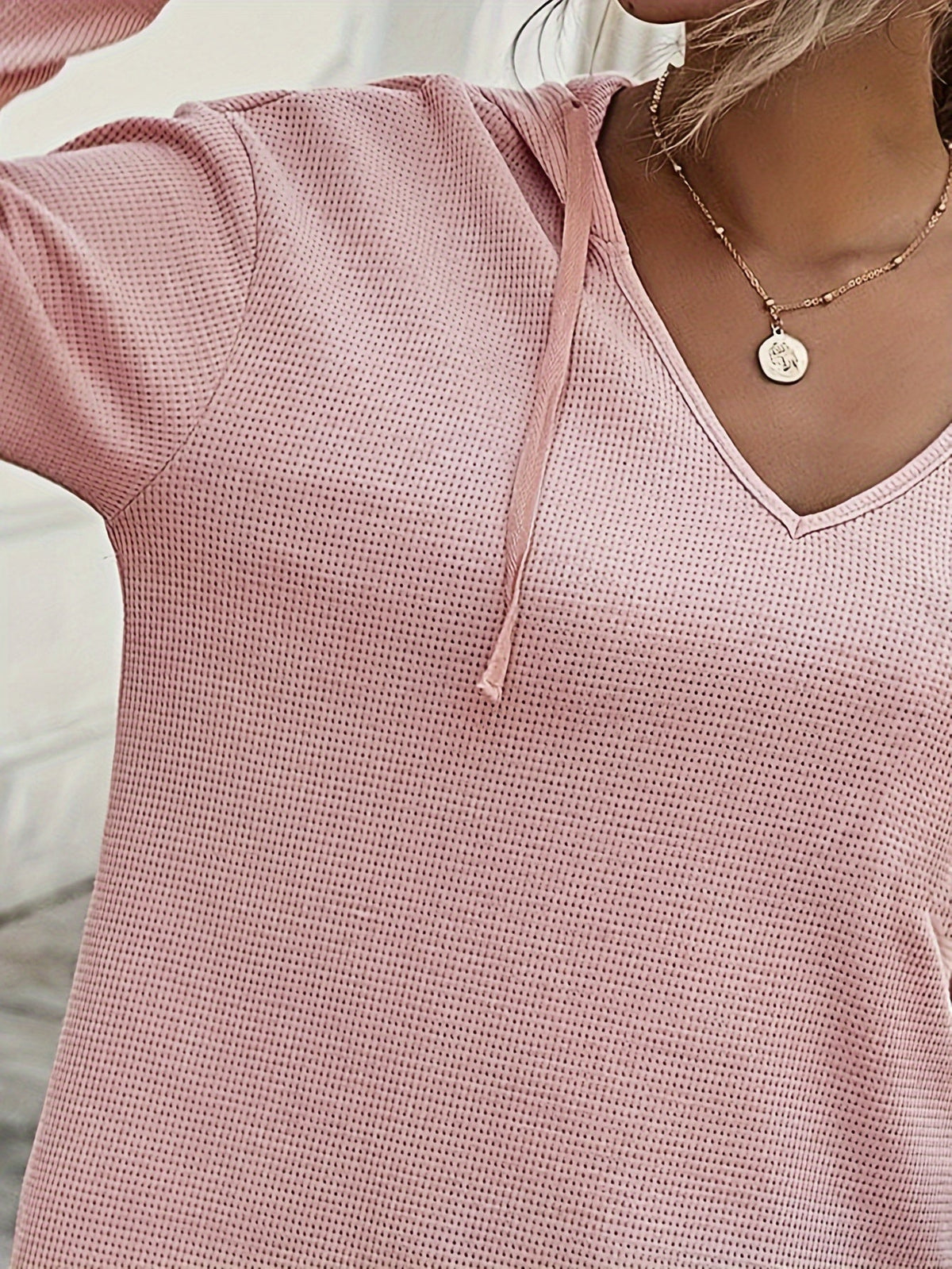Waffle Knit Hoodie V-Neck Long Sleeve Women's Drawstring Pullover Top – Casual, Everyday
