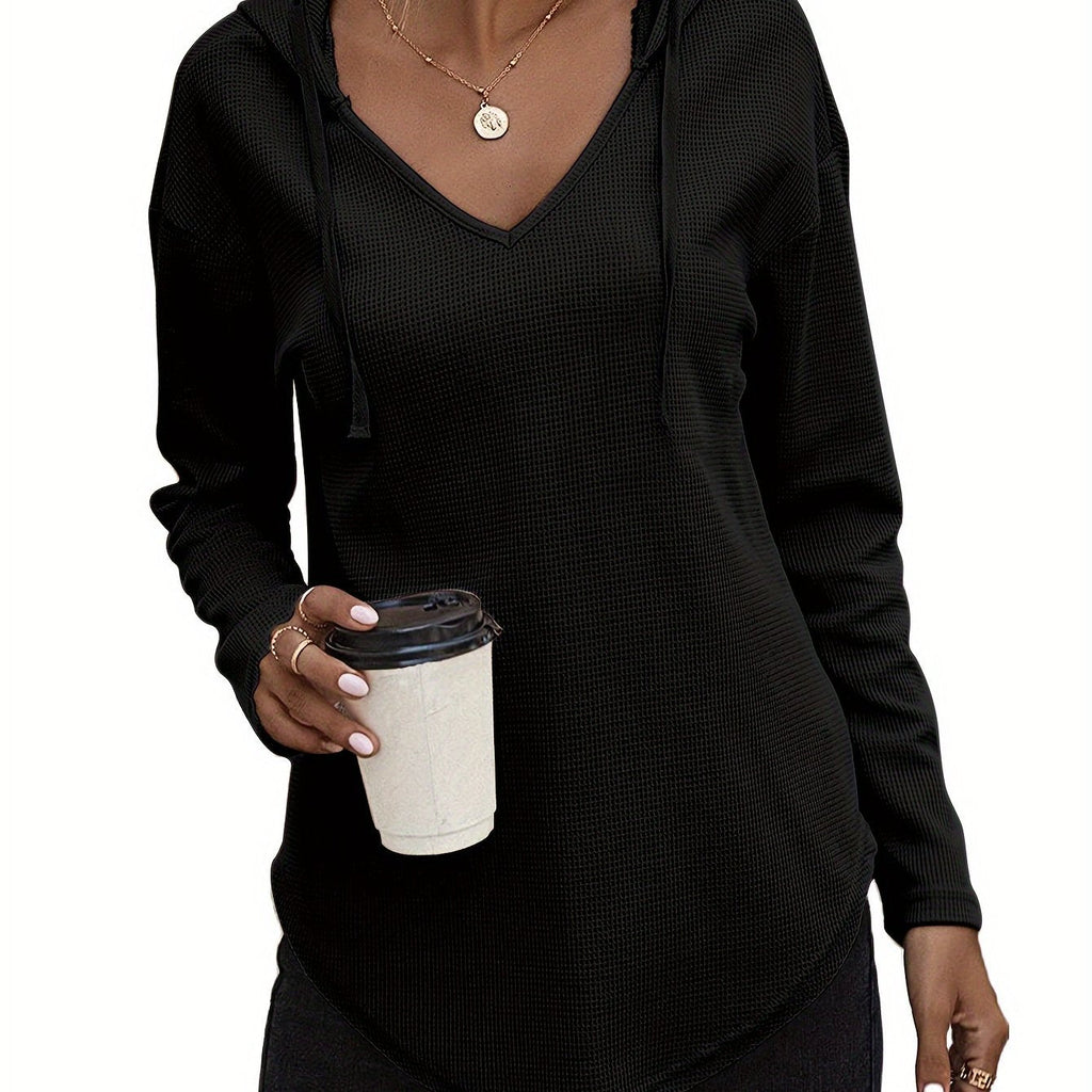 Waffle Knit Hoodie V-Neck Long Sleeve Women's Drawstring Pullover Top – Casual, Everyday
