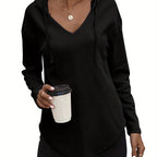 Waffle Knit Hoodie V-Neck Long Sleeve Women's Drawstring Pullover Top – Casual, Everyday