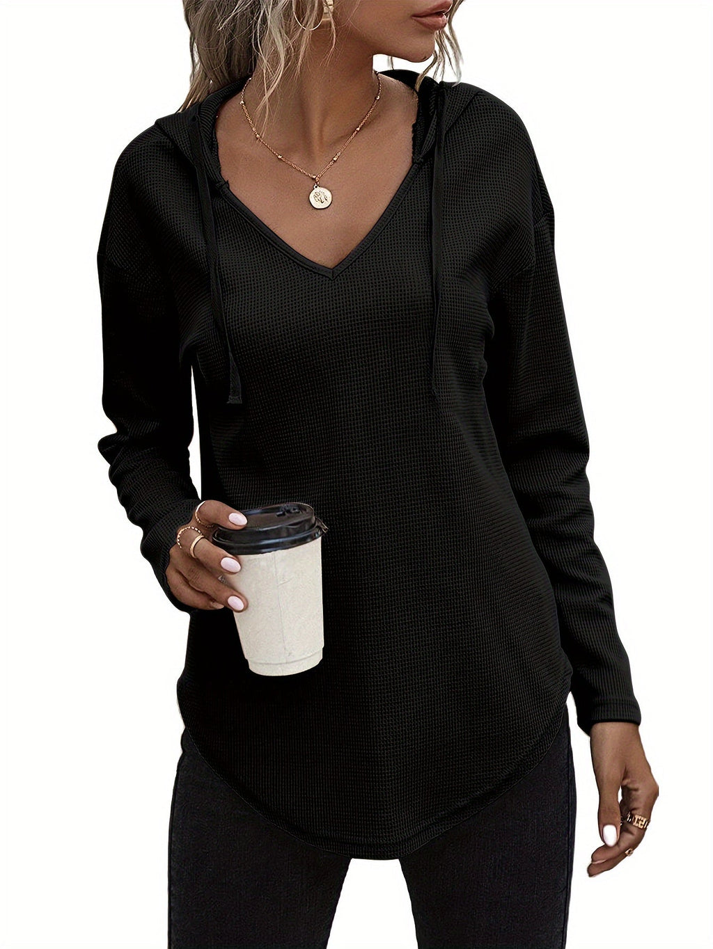 Waffle Knit Hoodie V-Neck Long Sleeve Women's Drawstring Pullover Top – Casual, Everyday