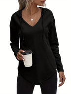 Waffle Knit Hoodie V-Neck Long Sleeve Women's Drawstring Pullover Top – Casual, Everyday