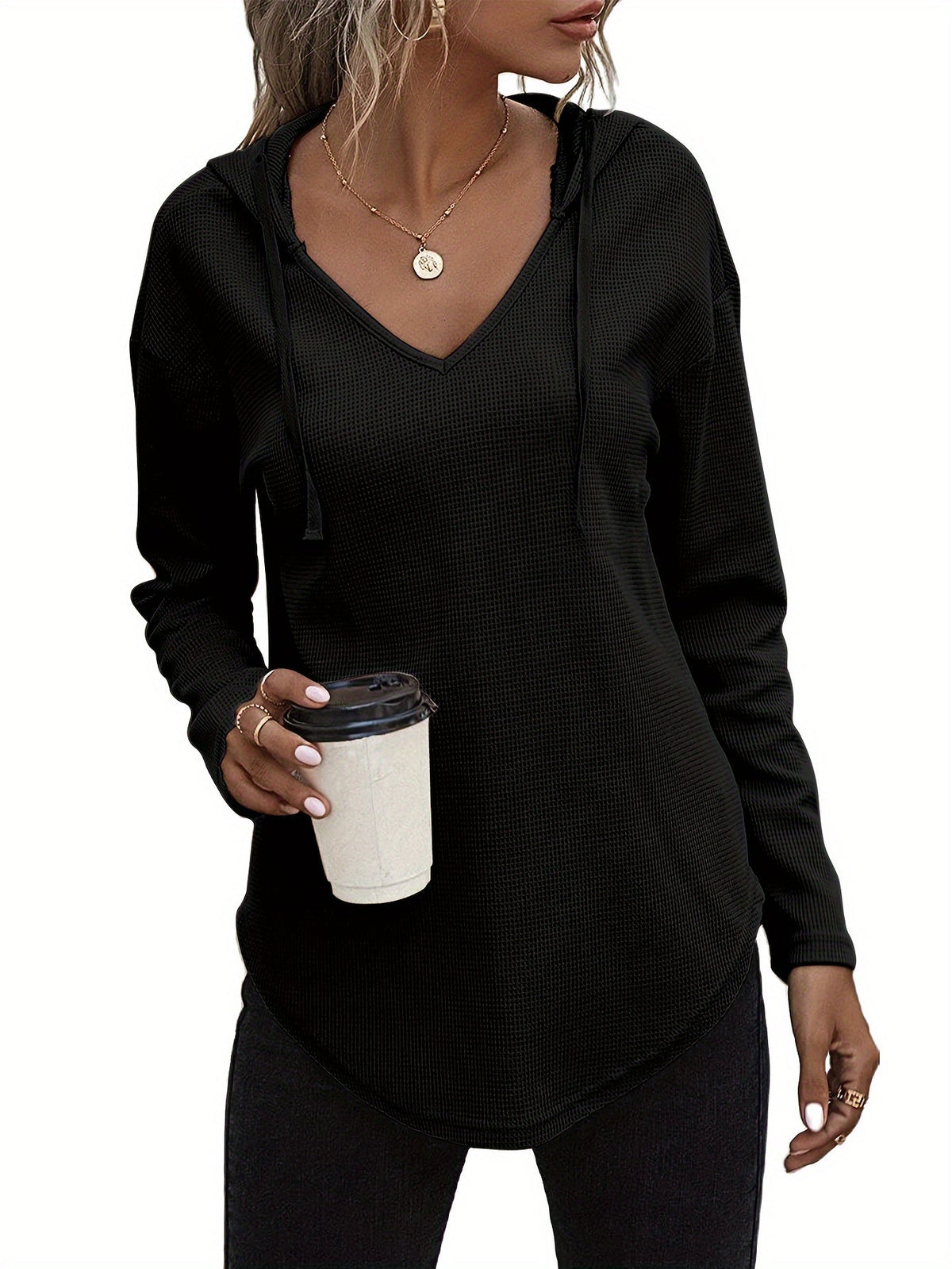 Waffle Knit Hoodie V-Neck Long Sleeve Women's Drawstring Pullover Top – Casual, Everyday